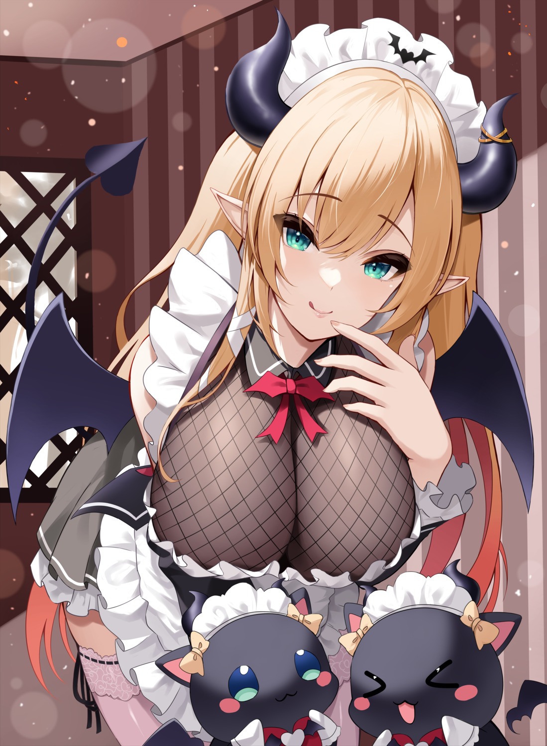 fishnets hololive horns maid no_bra pointy_ears roina_(effj7473) see_through tail thighhighs wings yuzuki_choco