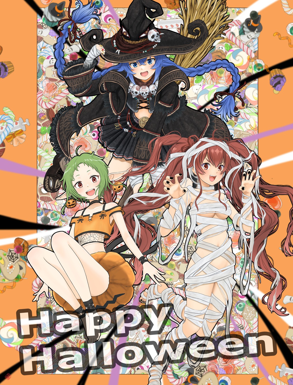 bandages elf eris_boreas_greyrat halloween mushoku_tensei naked_ribbon nao_suke pointy_ears roxy_migurdia sylphiette witch