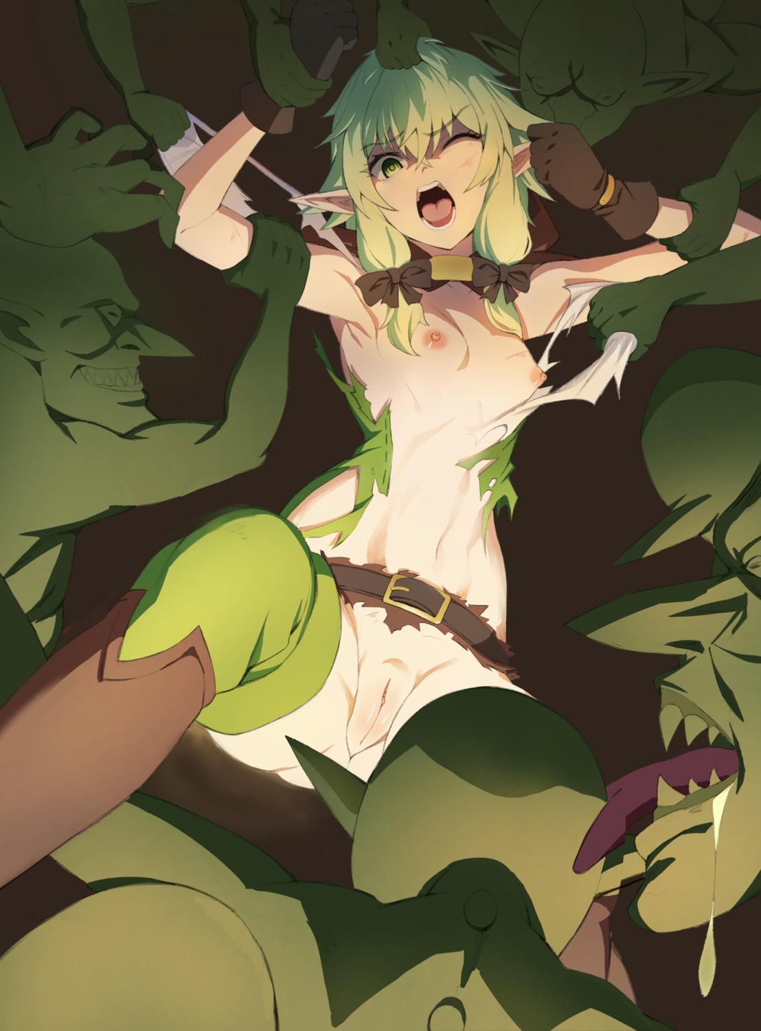 artist_revision bottomless breasts elf goblin_slayer high_elf_archer nipples no_bra pointy_ears pussy thighhighs torn_clothes uncensored undressing wangjook_(wj) wardrobe_malfunction