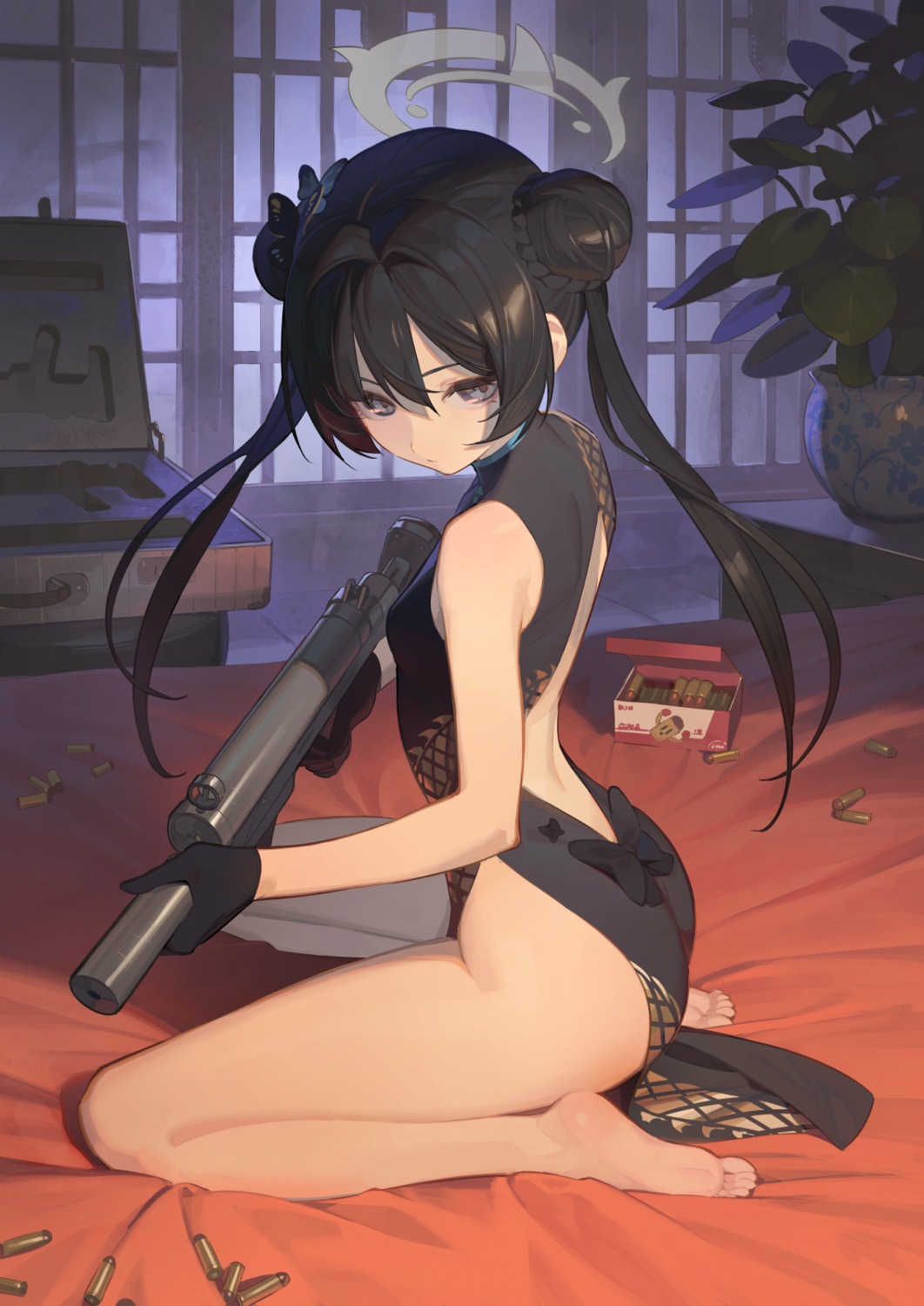 blue_archive chinadress gun halo hks_(timbougami) loli no_bra nopan ryuuge_kisaki