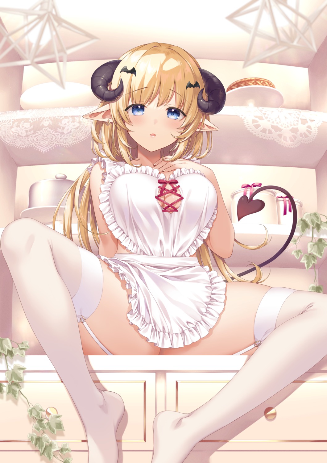 alpha horns naked_apron pointy_ears stockings tail thighhighs