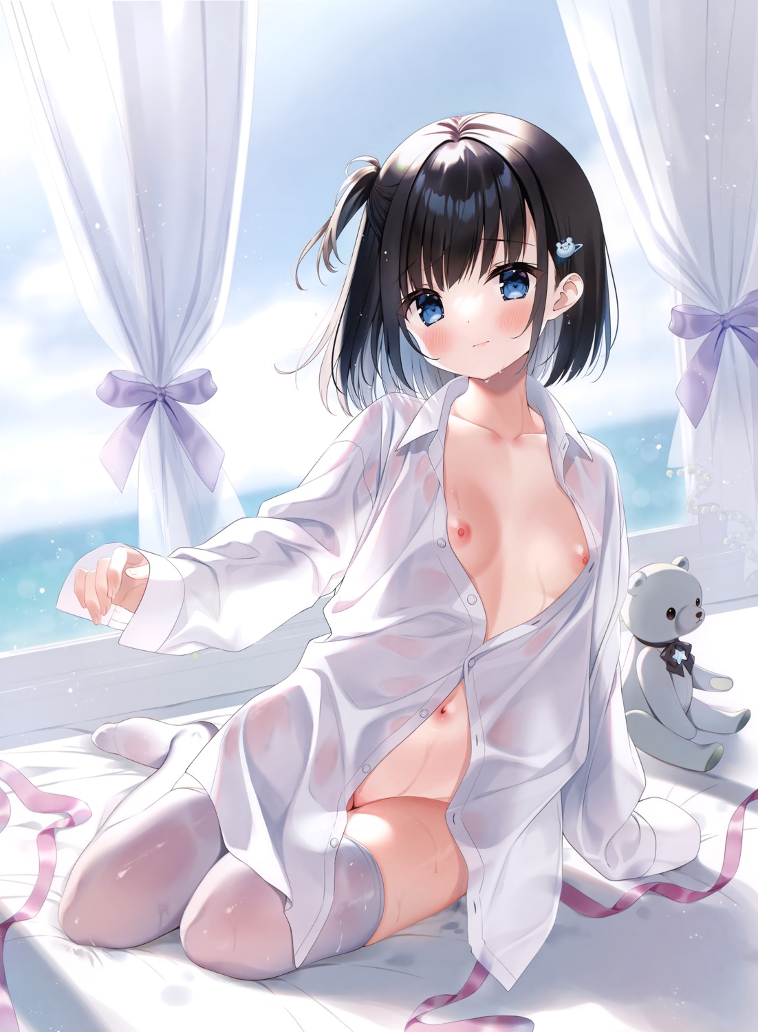 bottomless breasts detexted dress_shirt loli miwa_futaba nipples no_bra open_shirt see_through thighhighs wet wet_clothes