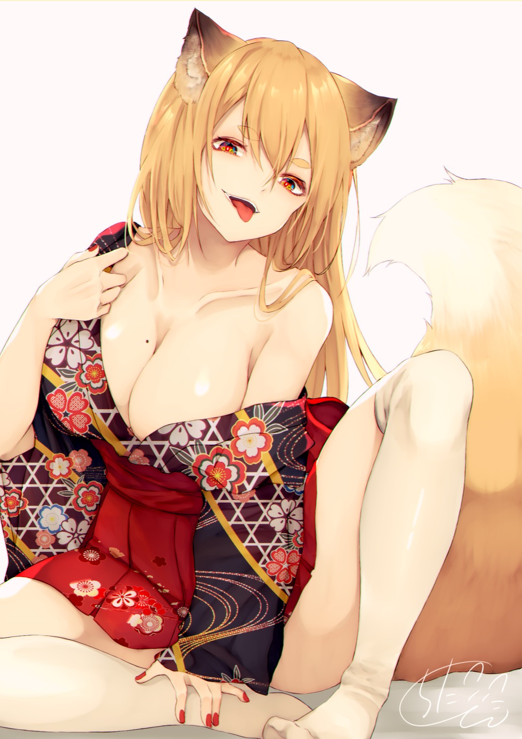 animal_ears chita_(ketchup) japanese_clothes kitsune no_bra open_shirt skirt_lift tail