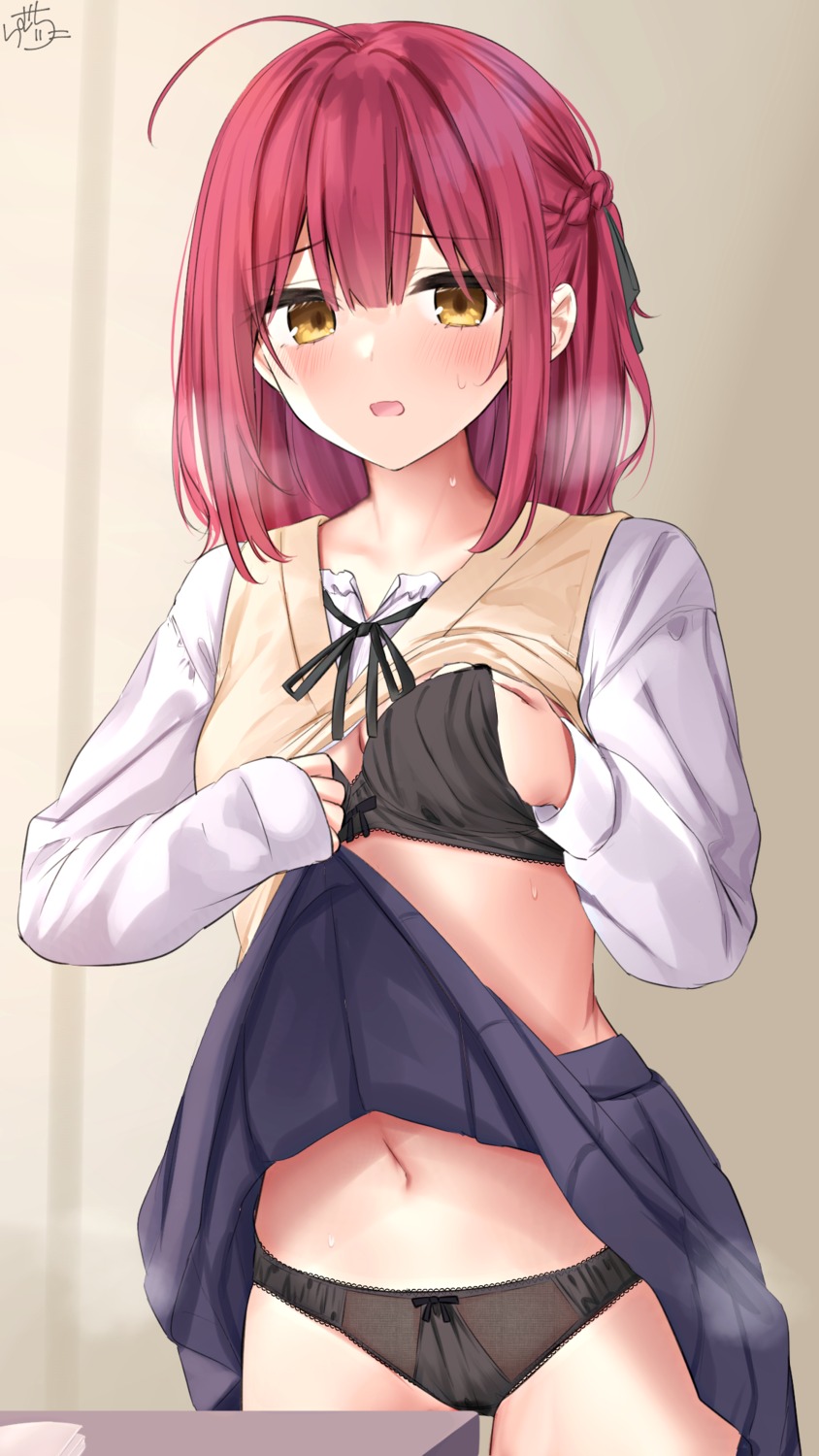 bra breast_grab masturbation pantsu pussy_juice ramchi seifuku shirt_lift skirt_lift sweater