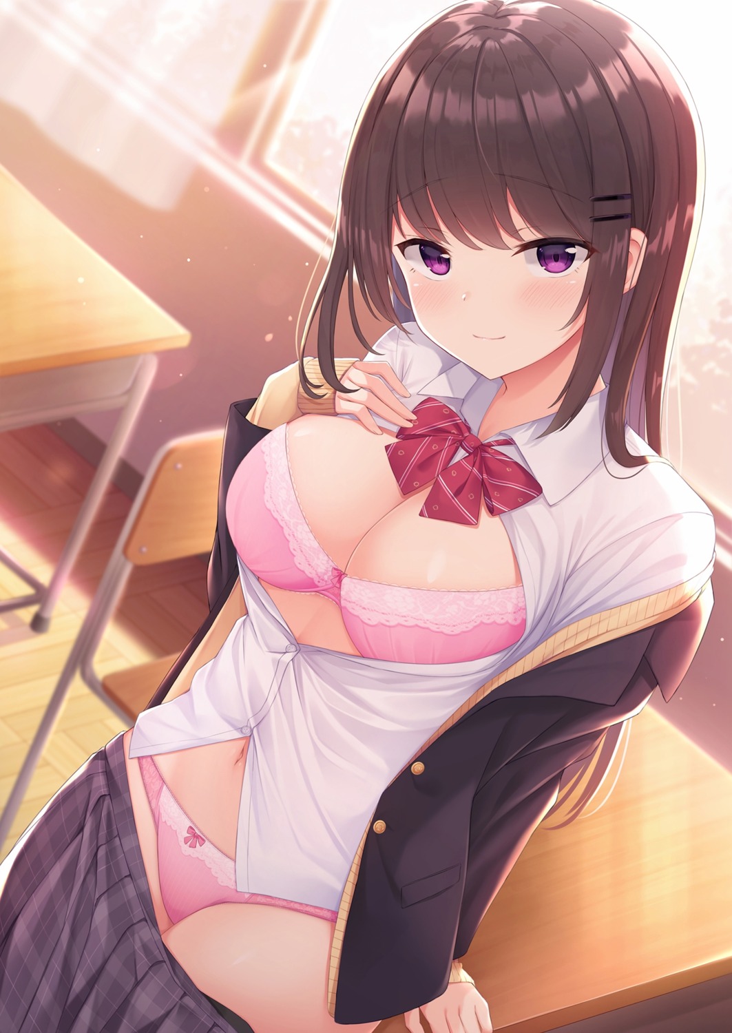 bra breast_hold cleavage nekokobushi open_shirt pantsu seifuku sweater