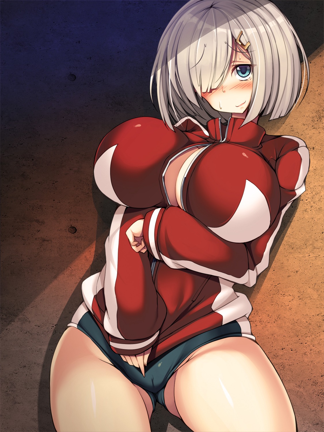 breast_hold buruma cameltoe cleavage gym_uniform hamakaze_(kancolle) kantai_collection no_bra open_shirt torisan