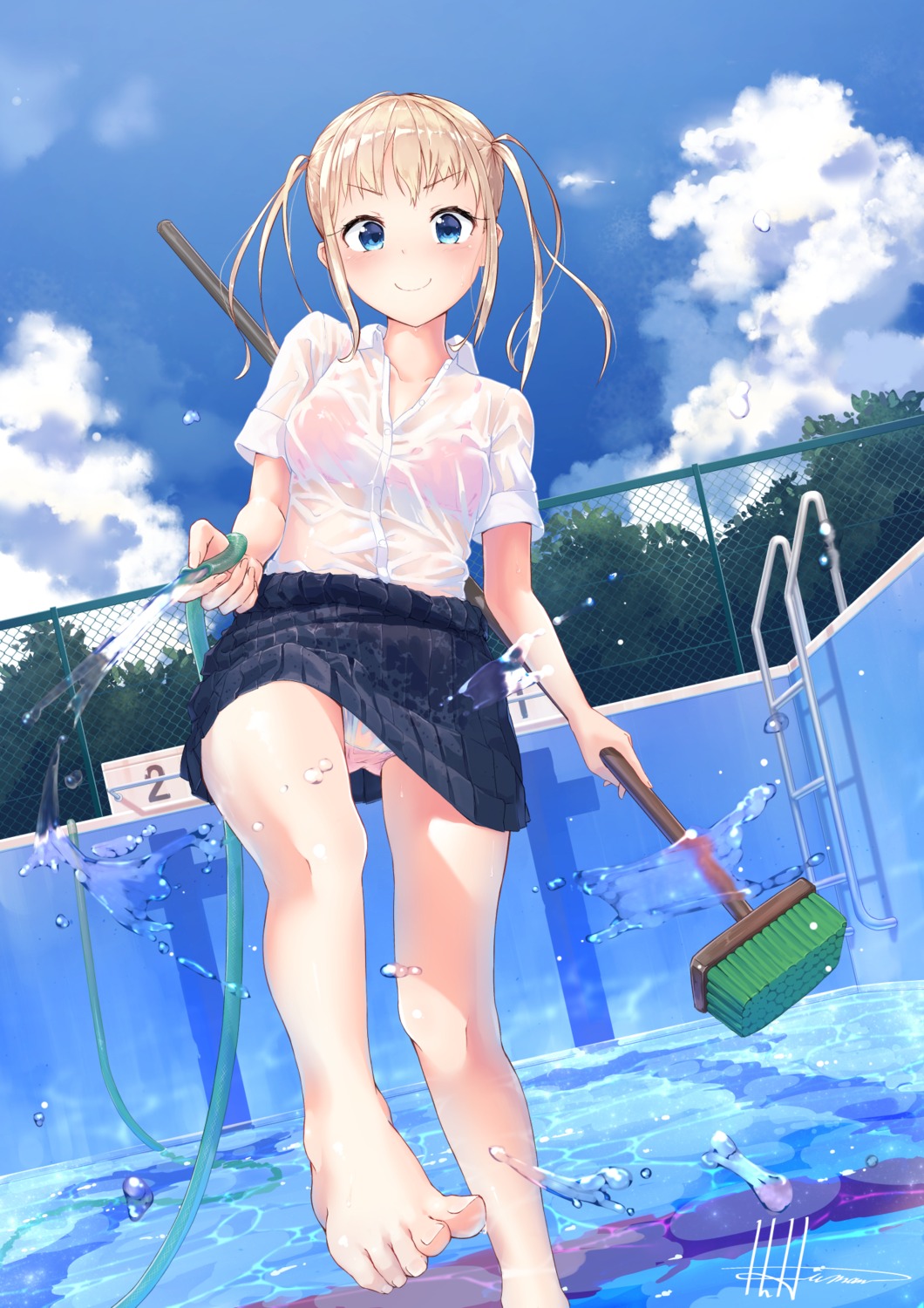 bra feet hitogata_ningen pantsu see_through seifuku wet wet_clothes