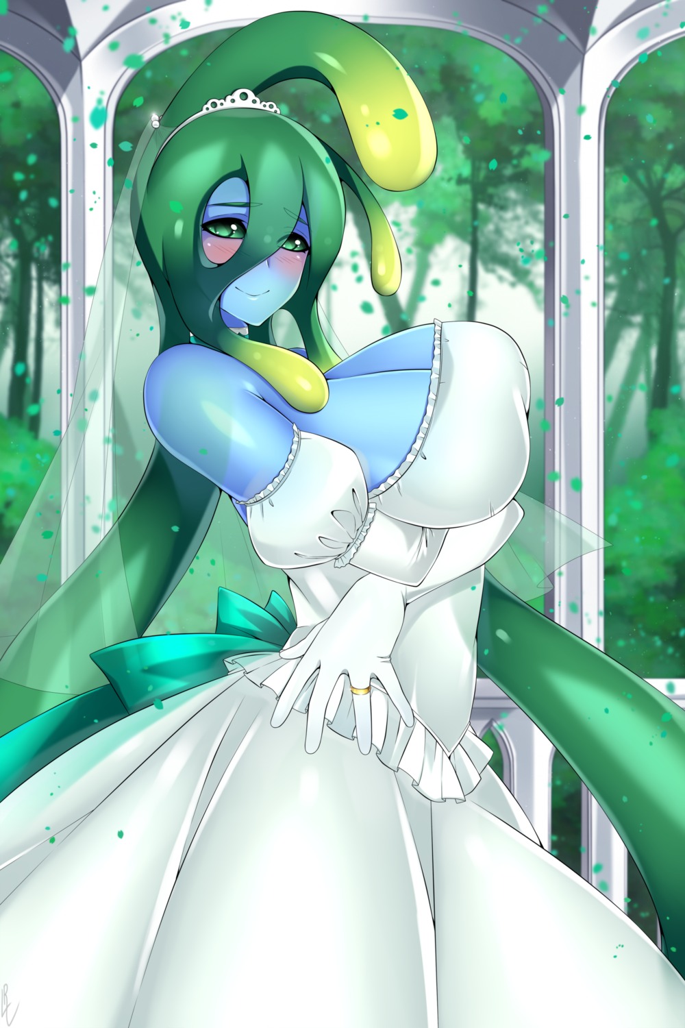 breast_hold dress lindaroze monster_girl monster_musume_no_iru_nichijou no_bra suu_(monster_musume) wedding_dress