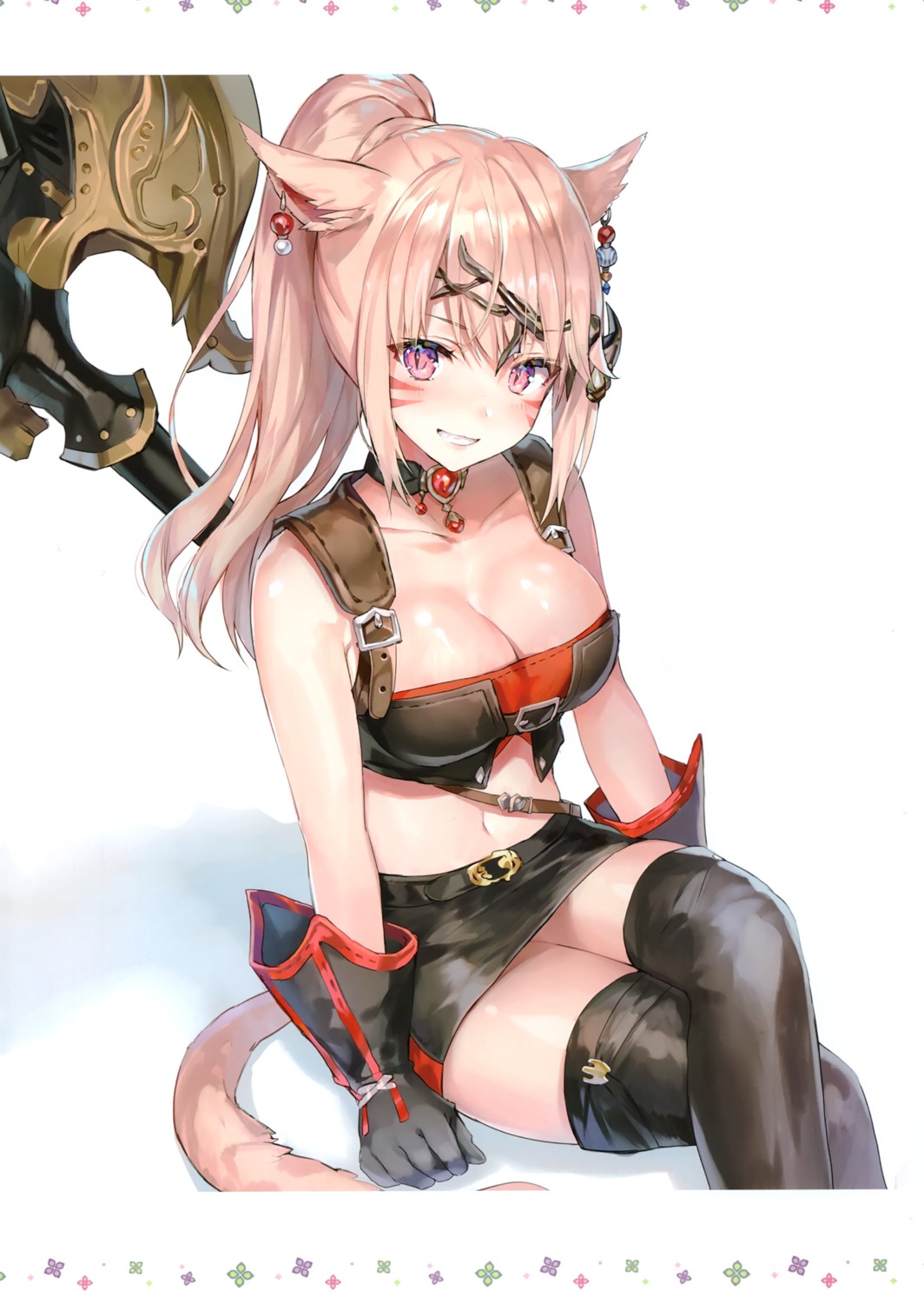 animal_ears cleavage final_fantasy final_fantasy_xiv miqo'te momoko_(momopoco) nekomimi tail thighhighs weapon