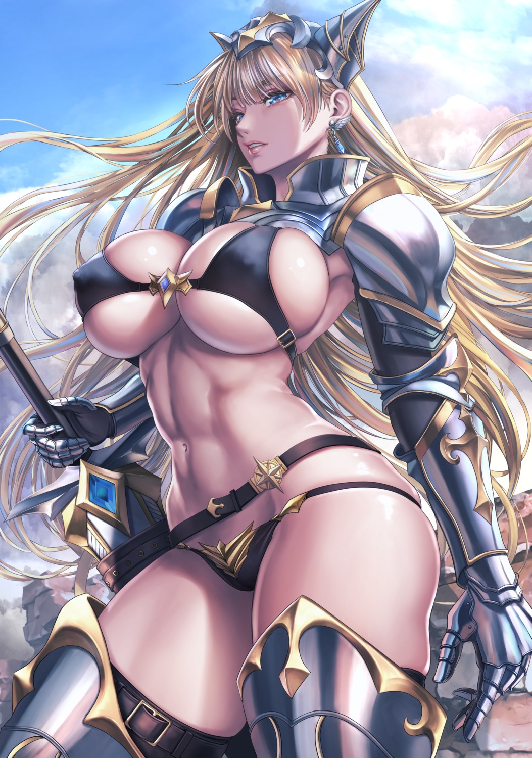 armor bikini erect_nipples sadakage swimsuits sword thighhighs