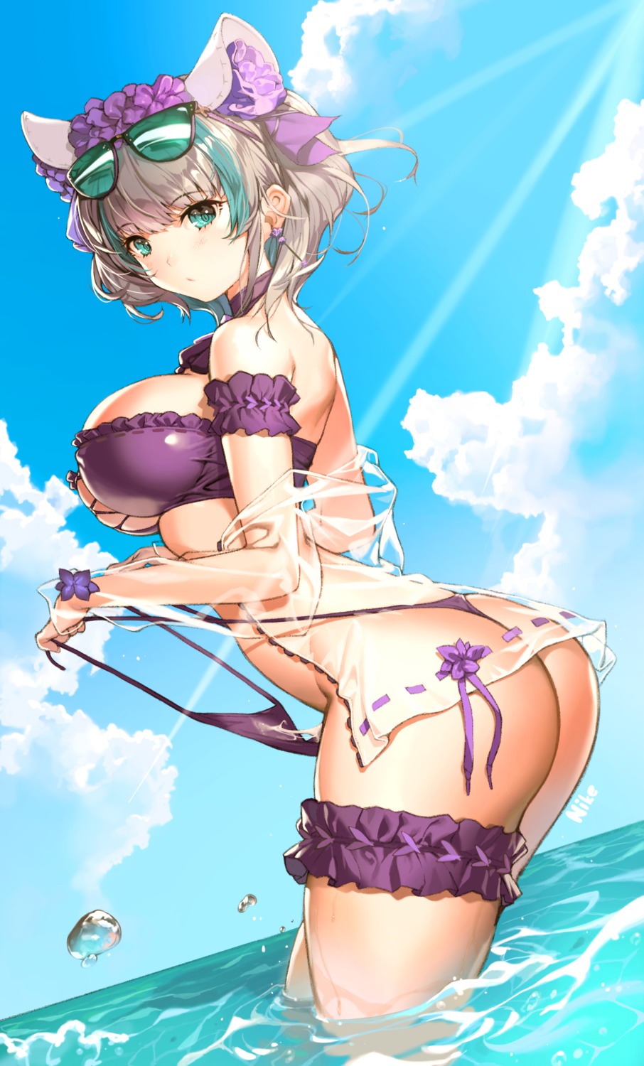 ass azur_lane bikini cheshire_(azur_lane) cum erect_nipples garter megane nike_(nike1060) open_shirt panty_pull see_through swimsuits thong undressing wet