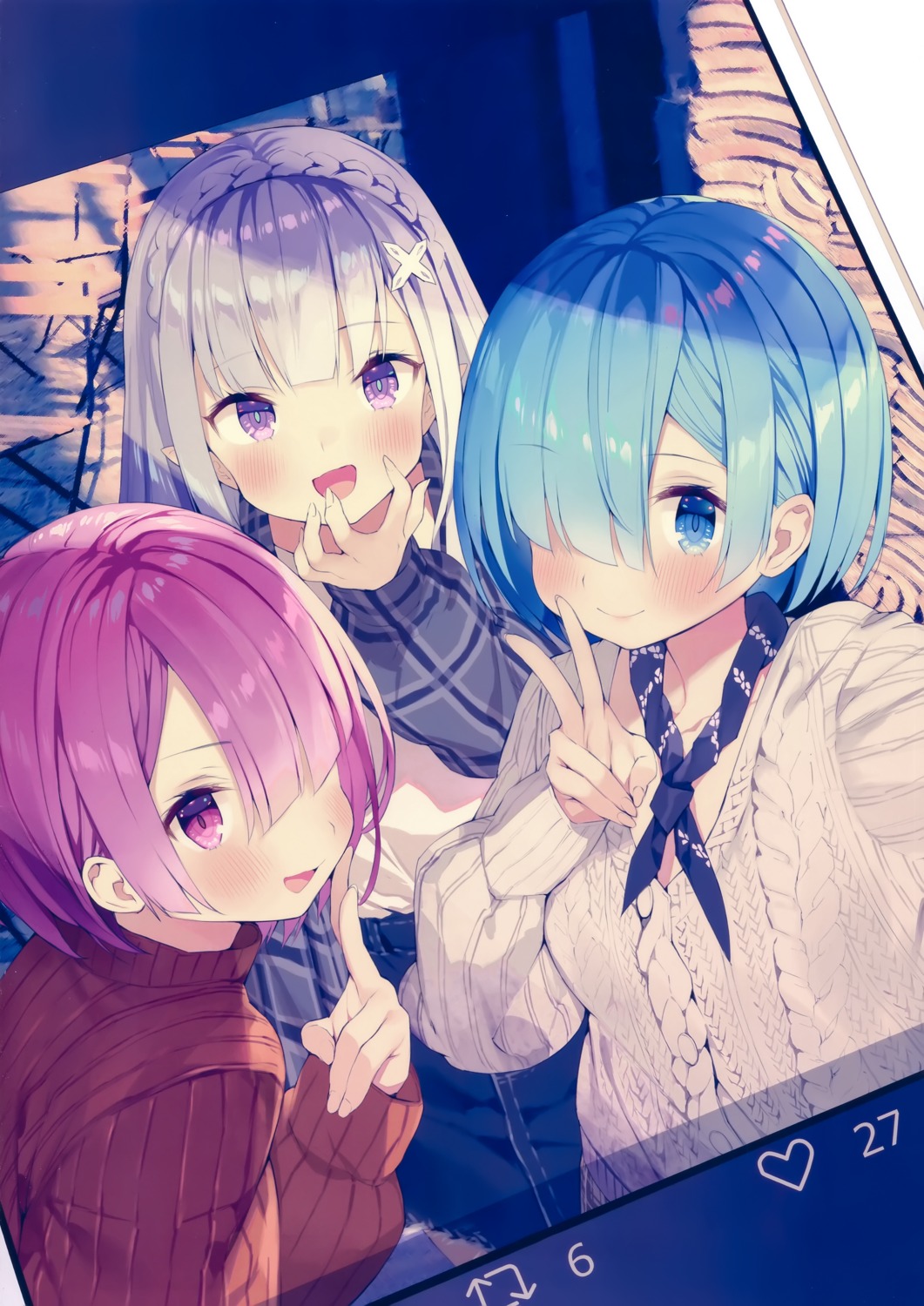 emilia_(re_zero) gaou_(matsulatte) macaron_taitei ram_(re_zero) re_zero_kara_hajimeru_isekai_seikatsu rem_(re_zero) sweater