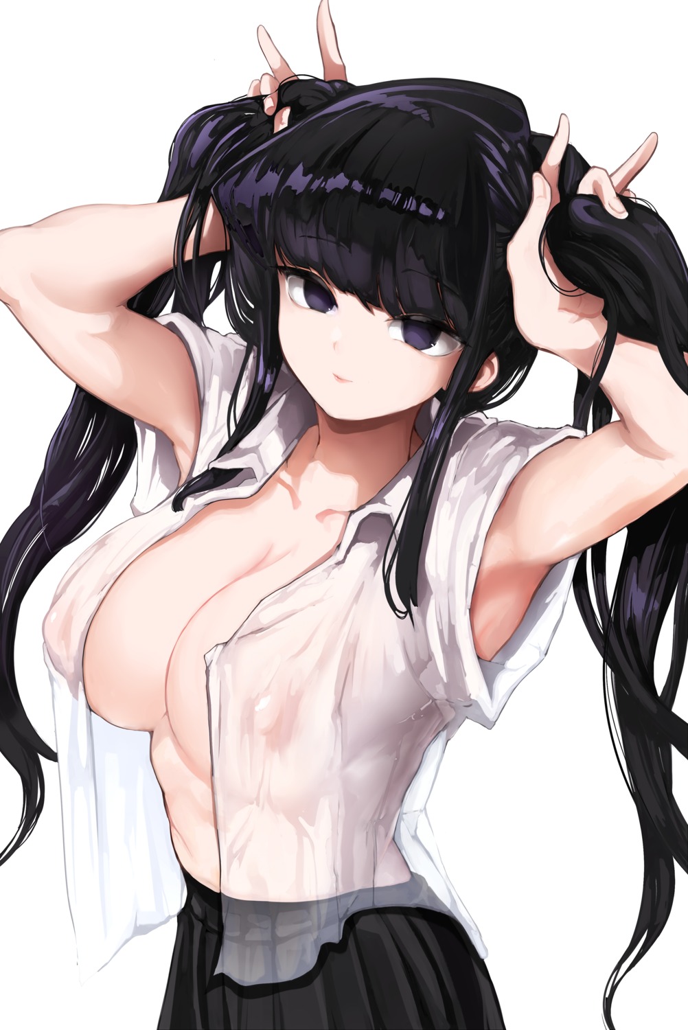 areola erect_nipples komi-san_wa_komyushou_desu. komi_shouko no_bra ogata_mamimi open_shirt see_through seifuku