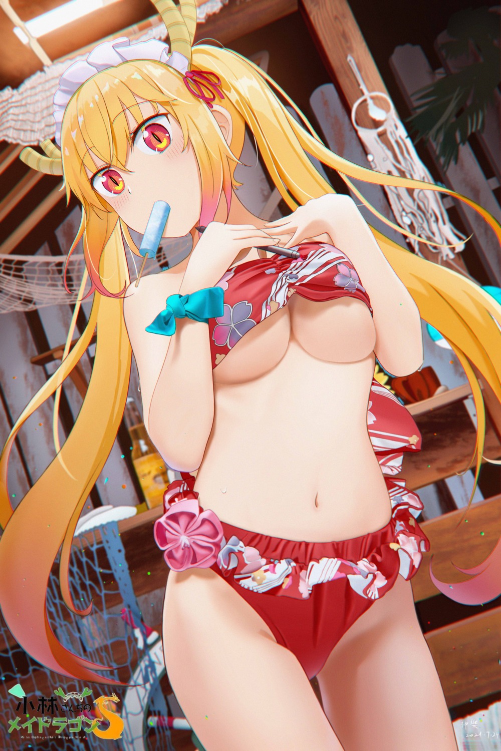 bikini breast_hold horns kobayashi-san_chi_no_maid_dragon shenle swimsuits tooru_(kobayashi-san_chi_no_maid_dragon) underboob