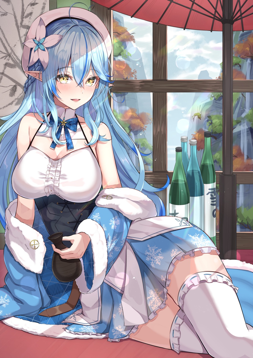 appo_(36786257) cleavage elf hololive pointy_ears sake thighhighs yukihana_lamy