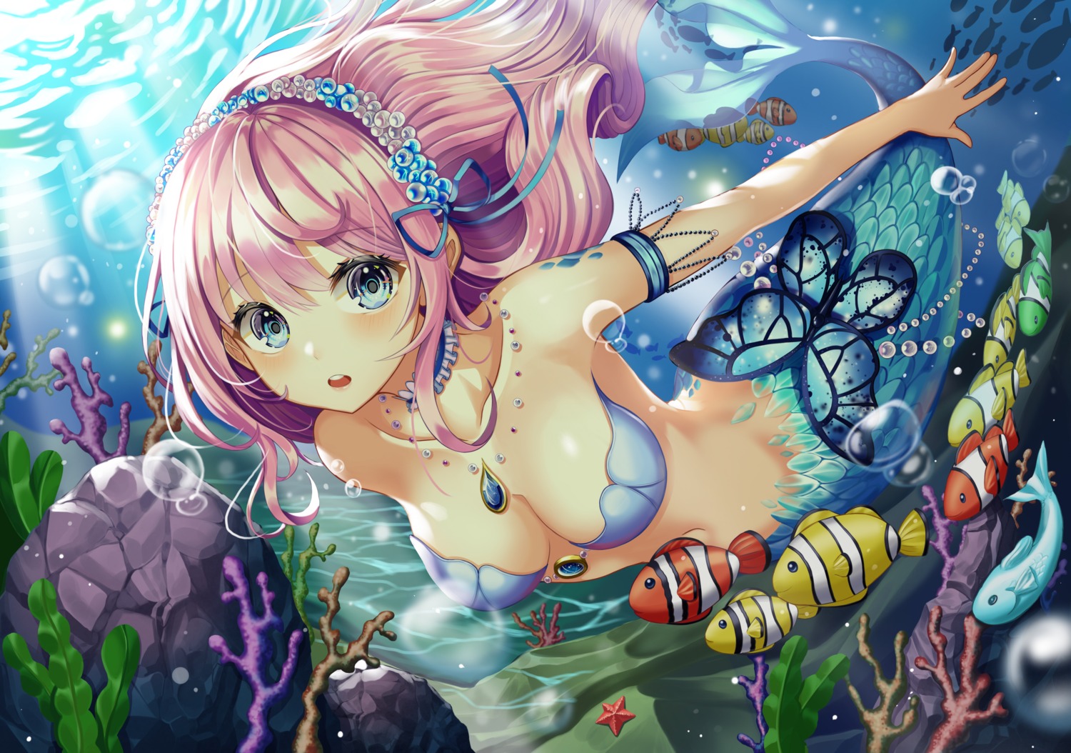 bikini_top cleavage gongha mermaid monster_girl swimsuits tail