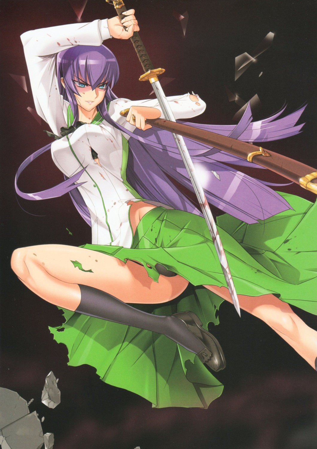 busujima_saeko highschool_of_the_dead inazuma pantsu seifuku sword torn_clothes