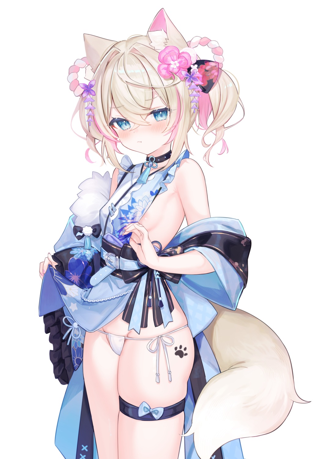 animal_ears areola garter hololive hololive_english inumimi japanese_clothes loli mococo_abyssgard no_bra pantsu shouu-kun skirt_lift string_panties tail tattoo