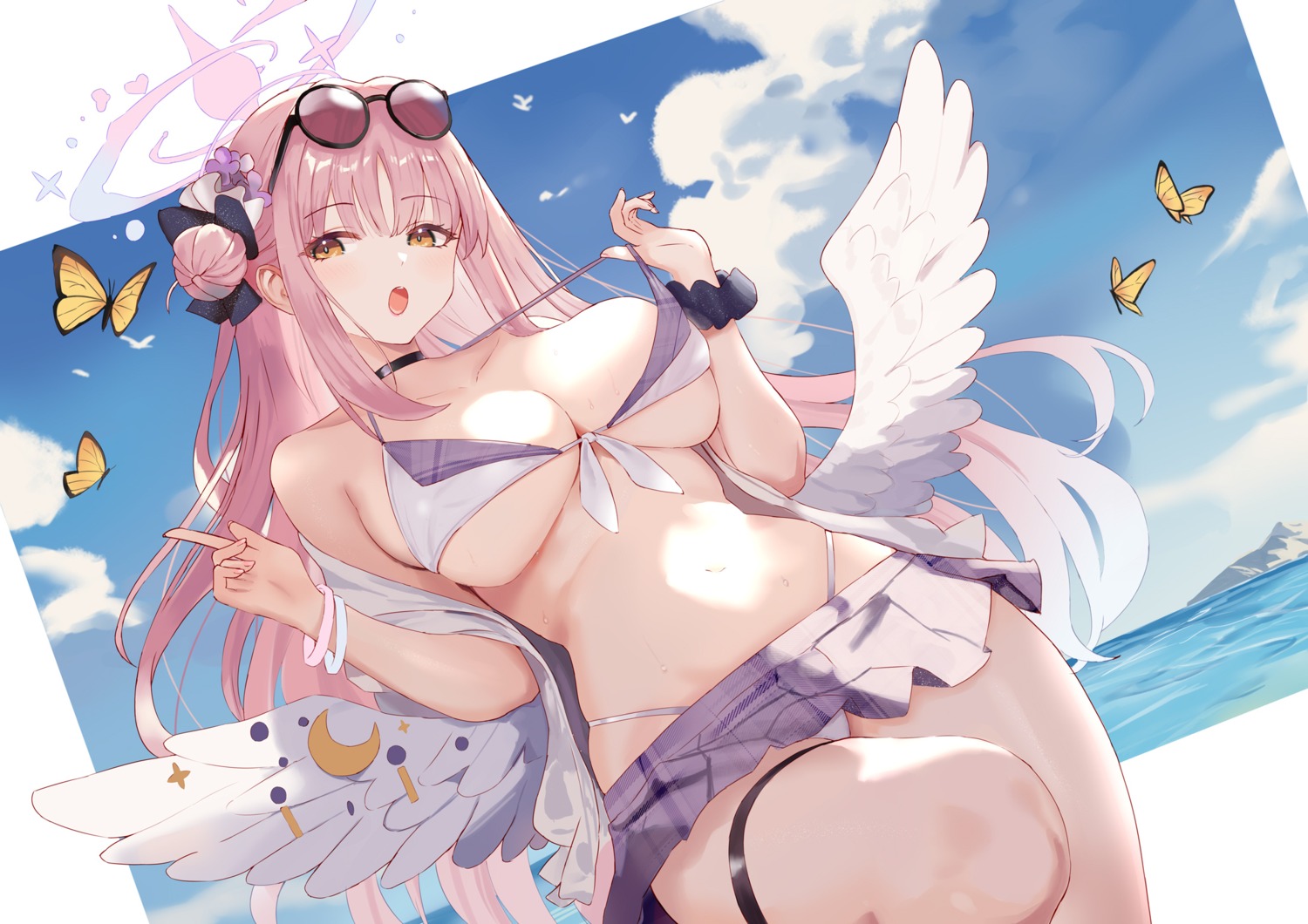 angel bikini blue_archive garter megane misono_mika open_shirt rorokaede skirt_lift swimsuits undressing wings