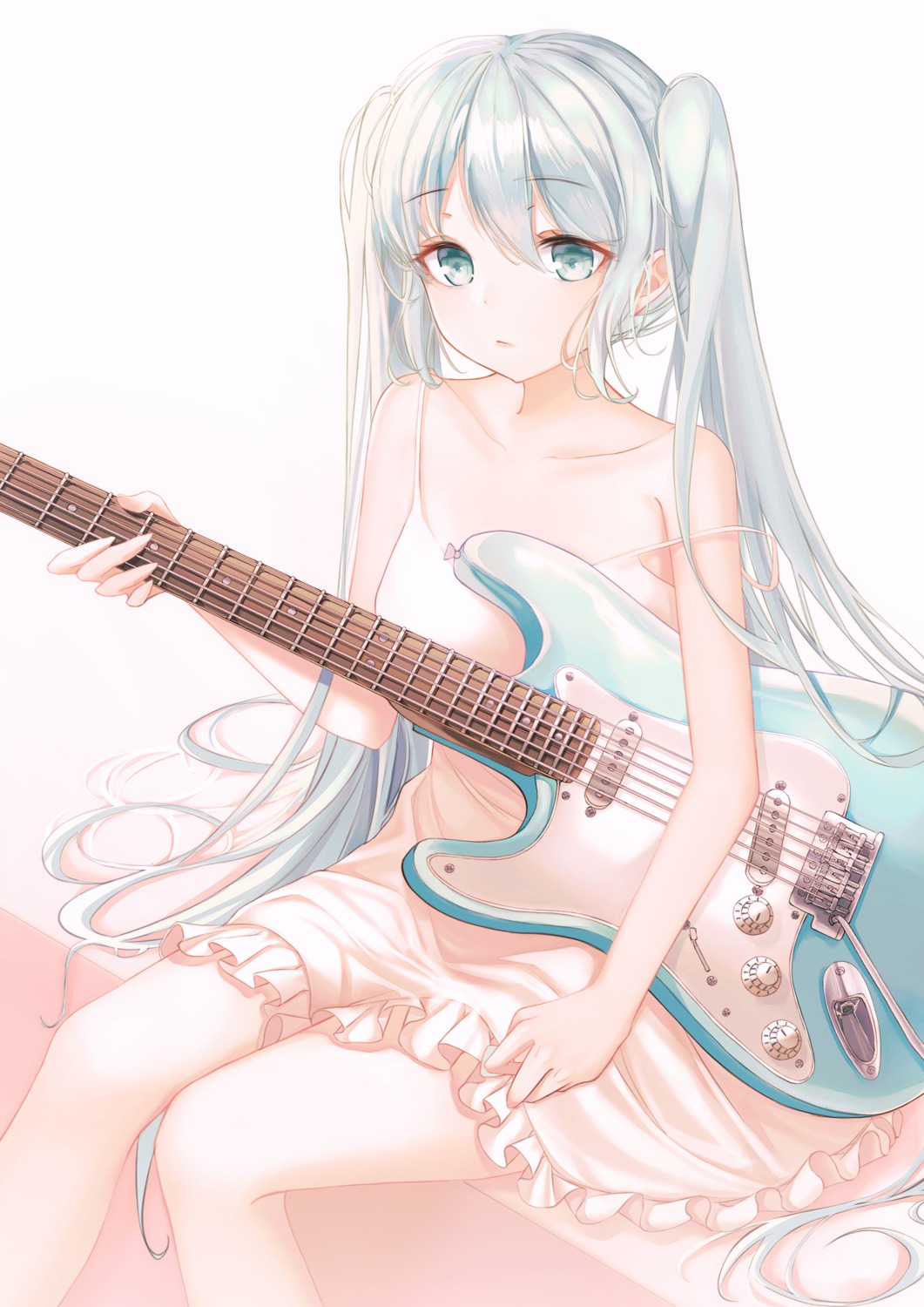 dress guitar hatsune_miku no_bra popcat summer_dress vocaloid