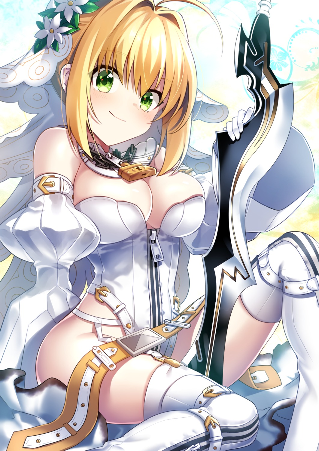 cleavage fate/extra fate/extra_ccc fate/grand_order fate/stay_night ichiren_namiro saber_bride saber_extra stockings sword thighhighs