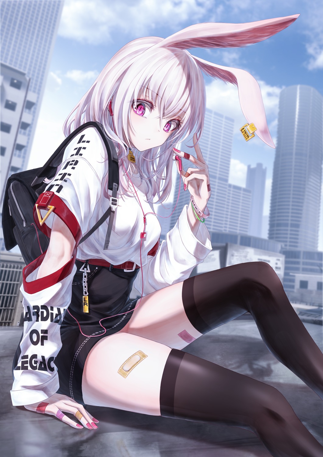 animal_ears bae.c bandaid bunny_ears skirt_lift thighhighs