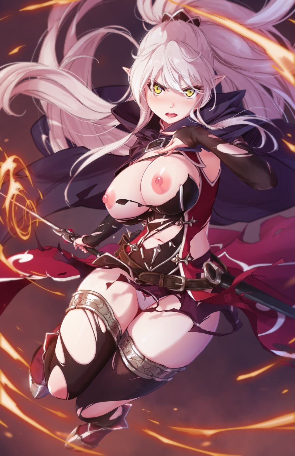 arianna_glenys_lalatoya breasts gaikotsu_kishi-sama_tadaima_isekai_e_odekakechuu mitsu_(mitsu_art) nipples pantsu pointy_ears skirt_lift sword thighhighs thong torn_clothes