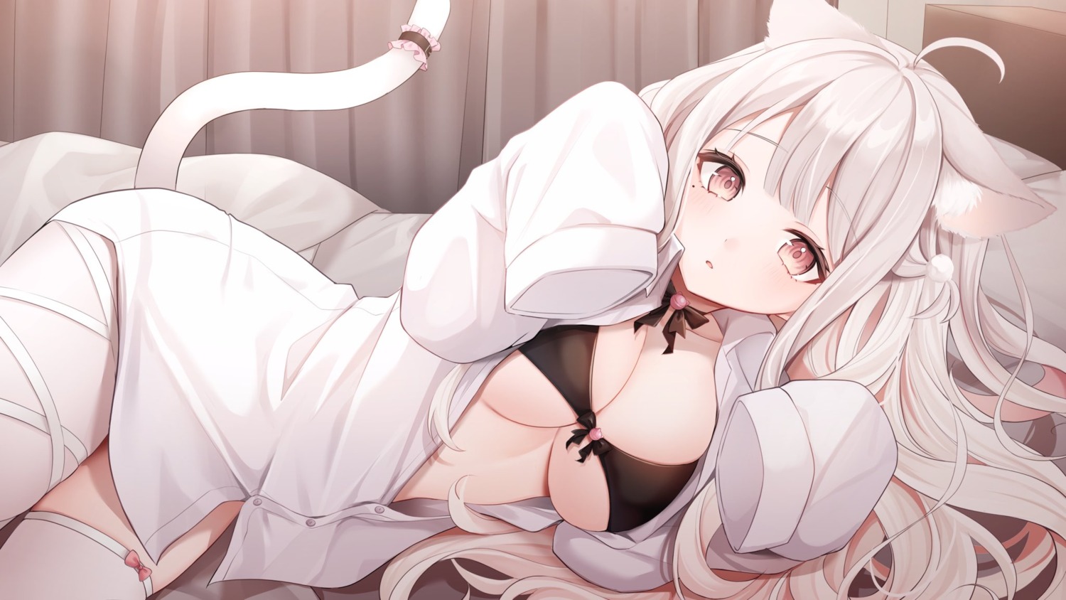 animal_ears bra dress_shirt garter indie_virtual_youtuber miyagi_ratona nekomimi open_shirt tail thighhighs uise_iu