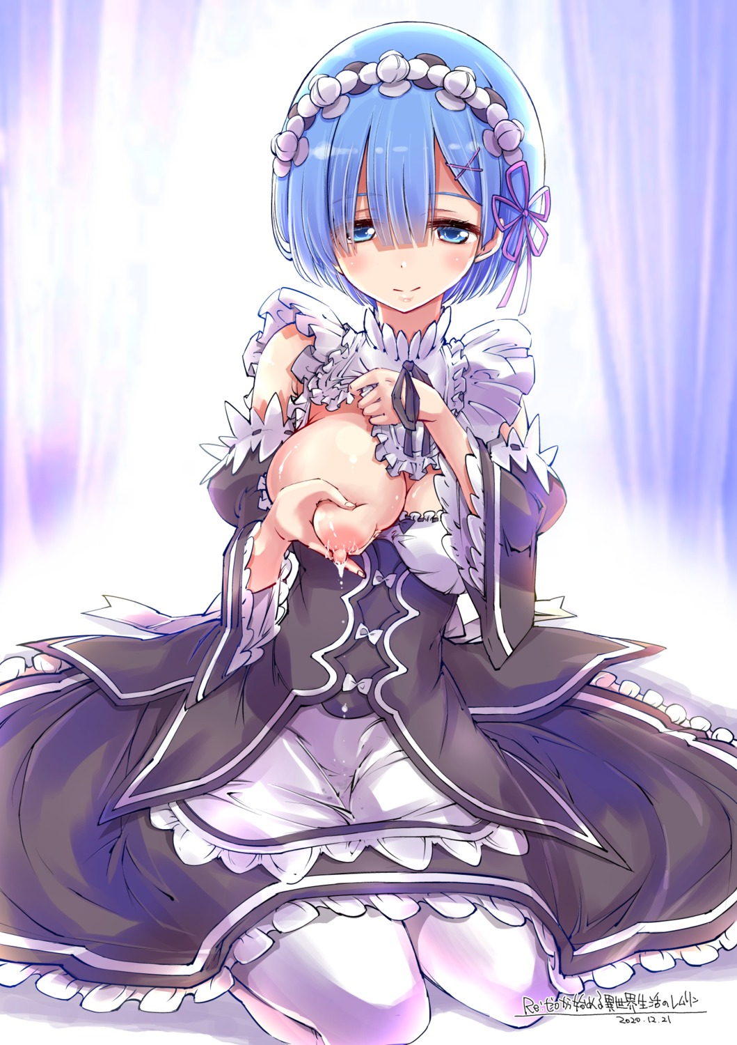 breast_grab breasts lactation maid nipples no_bra open_shirt re_zero_kara_hajimeru_isekai_seikatsu rem_(re_zero) yazawa_mana