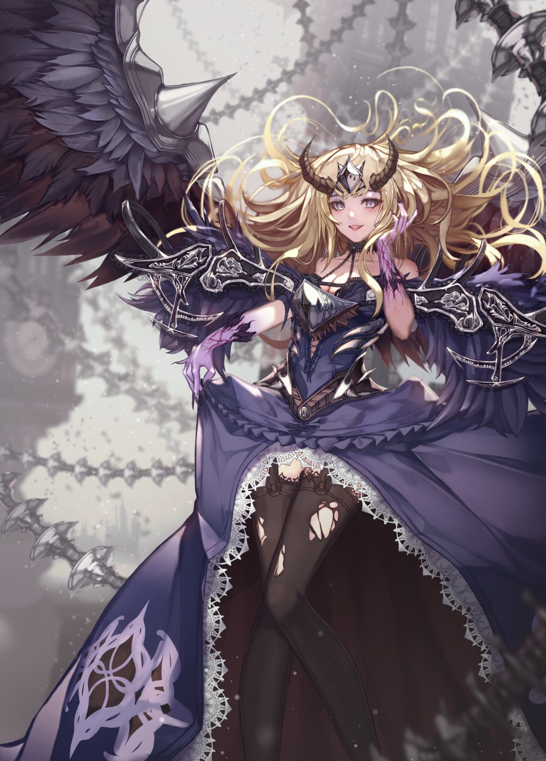 cleavage dress horns nomen skirt_lift stockings thighhighs torn_clothes wings