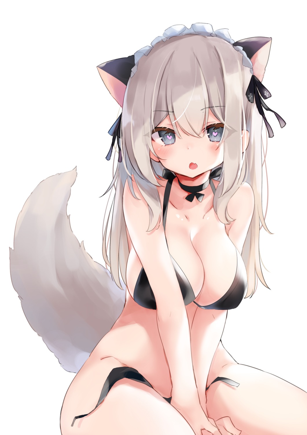 animal_ears bikini nekomimi nekomugiharu panty_pull swimsuits tail wardrobe_malfunction