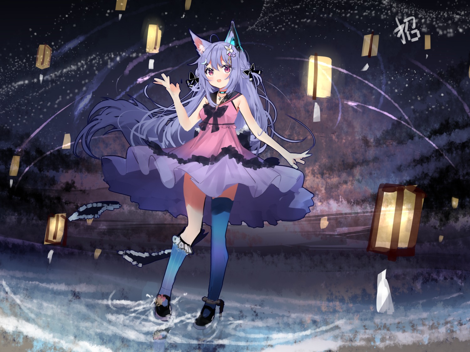 animal_ears dress sketch skirt_lift thighhighs zhao_(pixiv12947327)