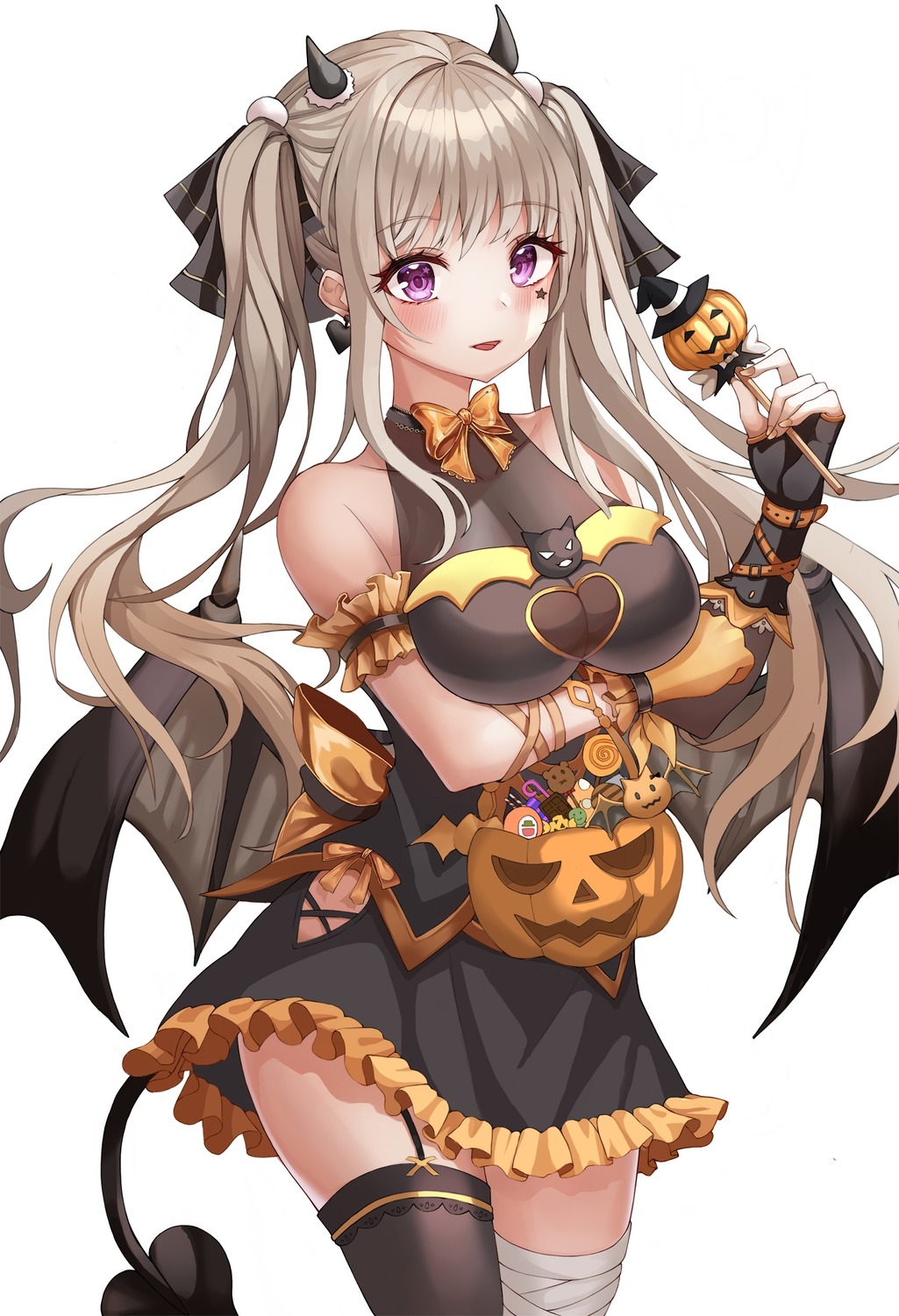 bandages breast_hold devil dress halloween horns no_bra see_through seemu_(wnslqjdignv_) skirt_lift stockings tail thighhighs wings