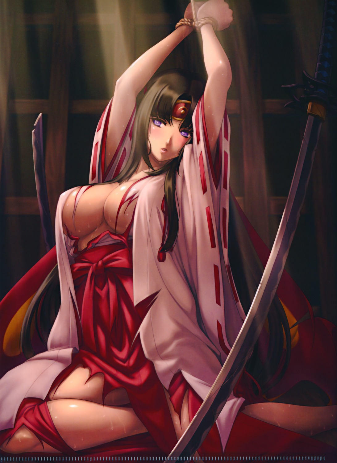 bondage cleavage eiwa erect_nipples miko no_bra open_shirt queen's_blade sword tomoe torn_clothes