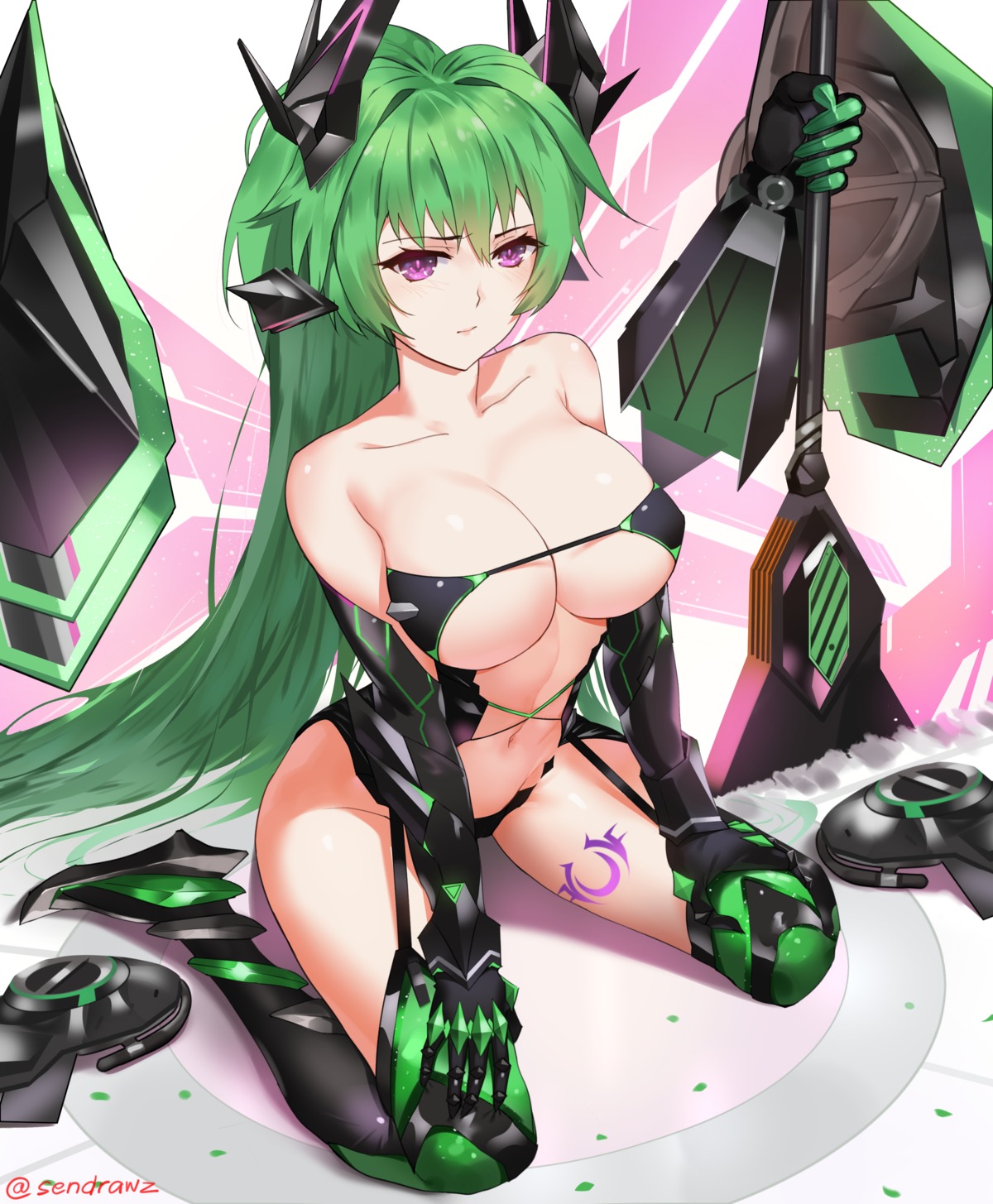 bikini_armor choujigen_game_neptune green_heart horns sendrawz stockings tattoo thighhighs weapon
