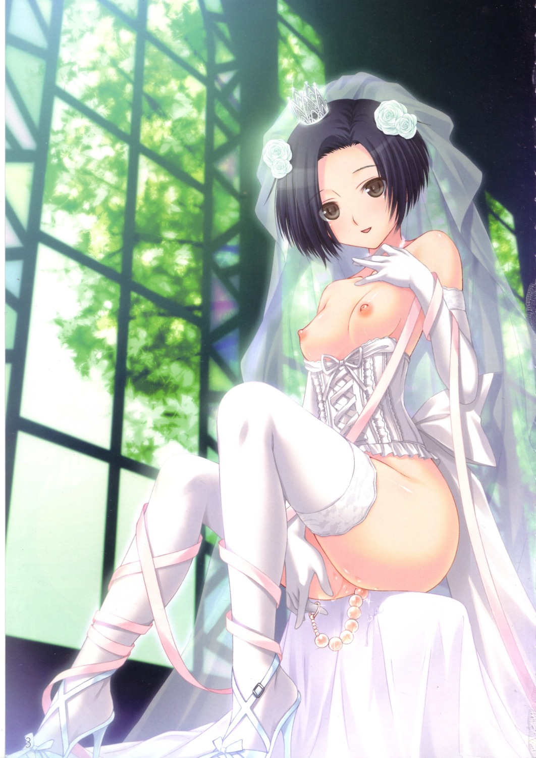 anal_beads bottomless breasts dress fusataka_shikibu kobayakawa_rinko lingerie love_plus nipples pussy_juice thighhighs wedding_dress