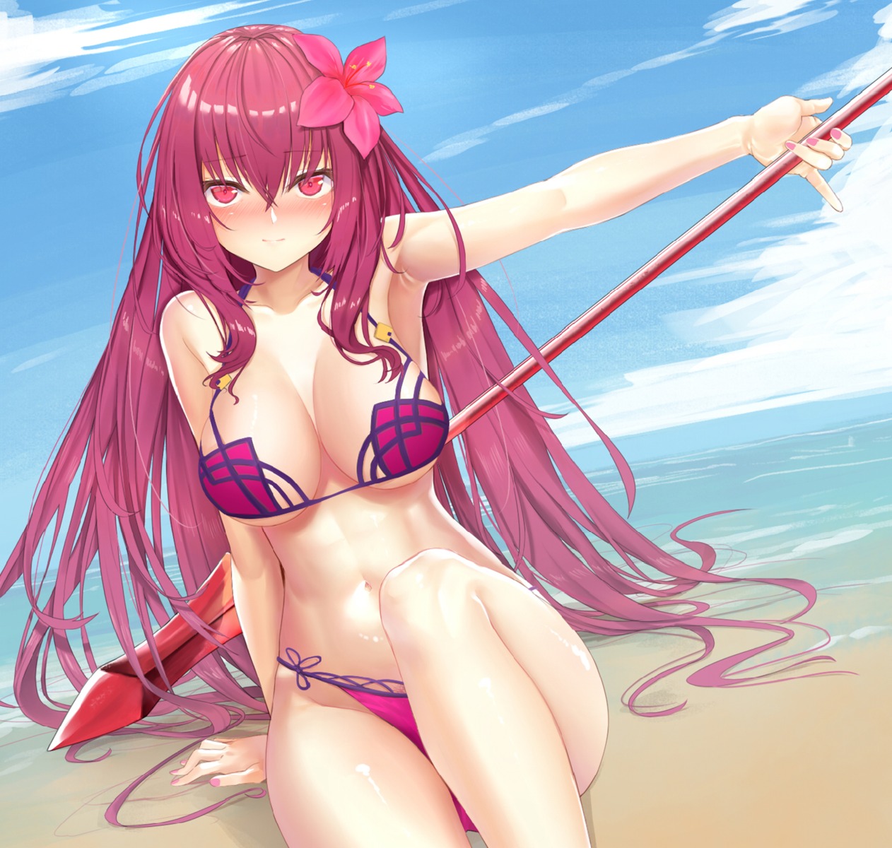 bikini fate/grand_order pubic_hair scathach_(fate/grand_order) swimsuits terebi_(shimizu1996) weapon