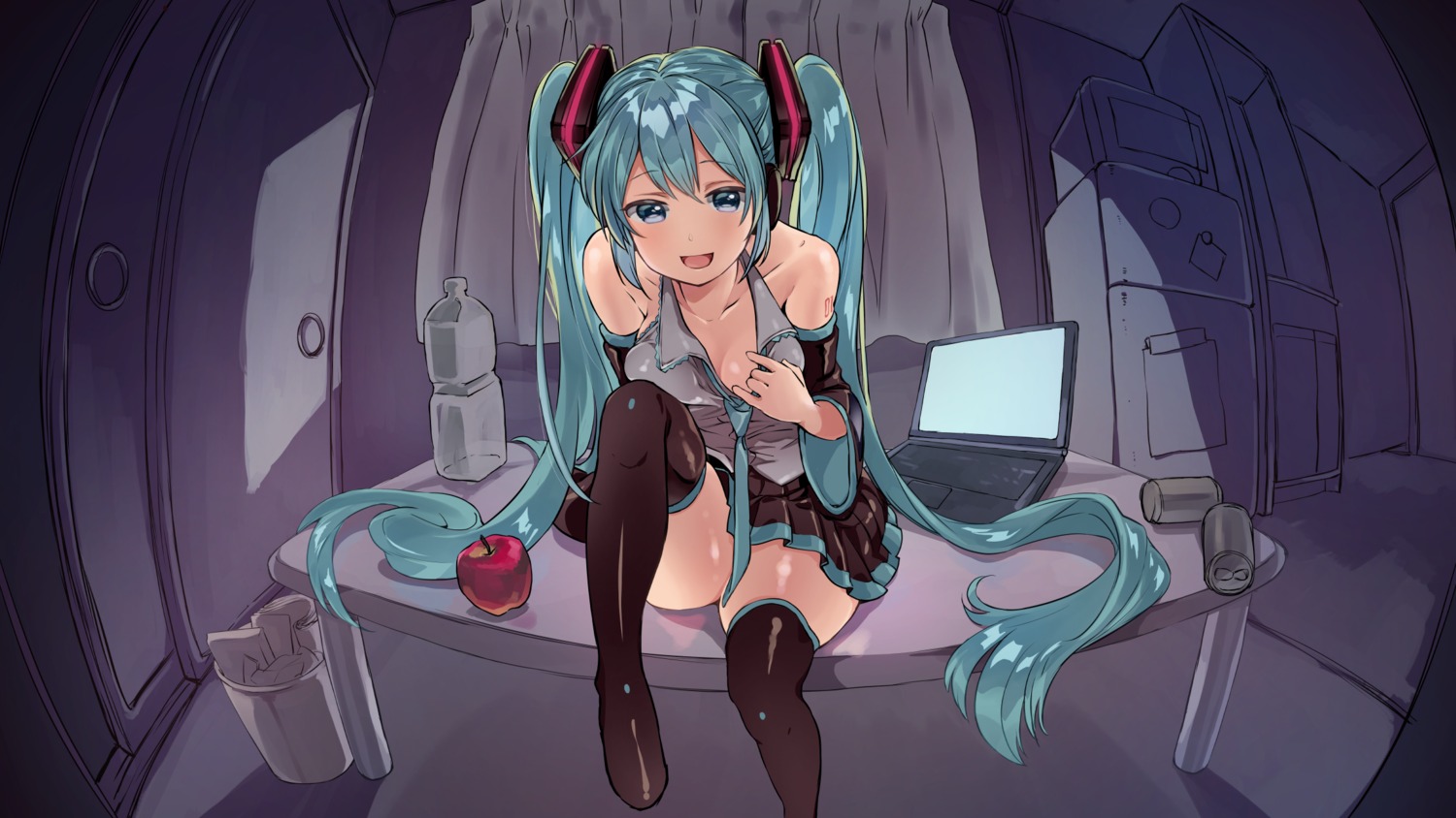 cleavage hatsune_miku open_shirt skirt_lift tattoo thighhighs undressing vocaloid yuunagi_show