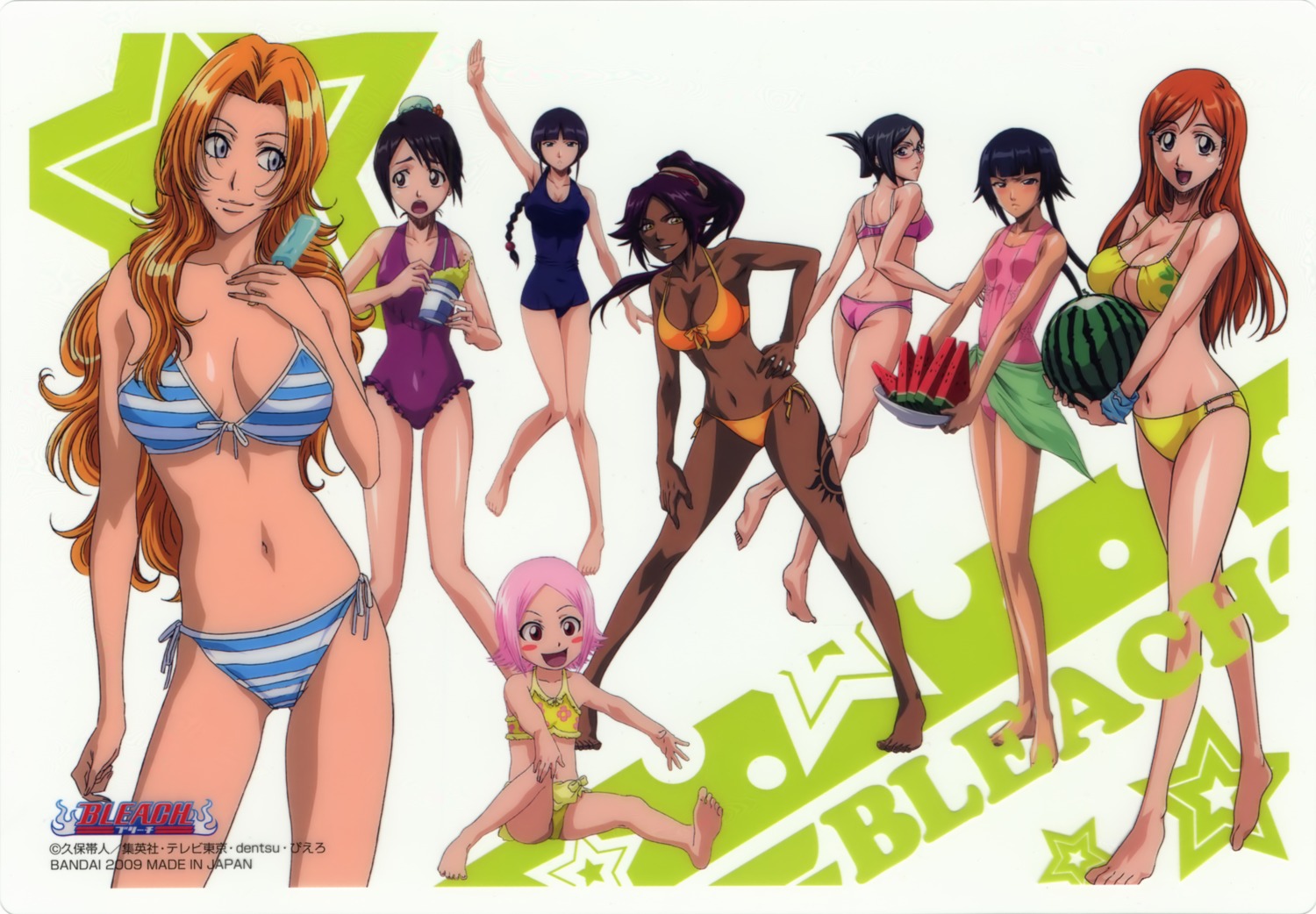 bikini bleach hinamori_momo inoue_orihime ise_nanao kurotsuchi_nemu kusajishi_yachiru matsumoto_rangiku overfiltered scanning_artifacts shihouin_yoruichi sui-feng swimsuits