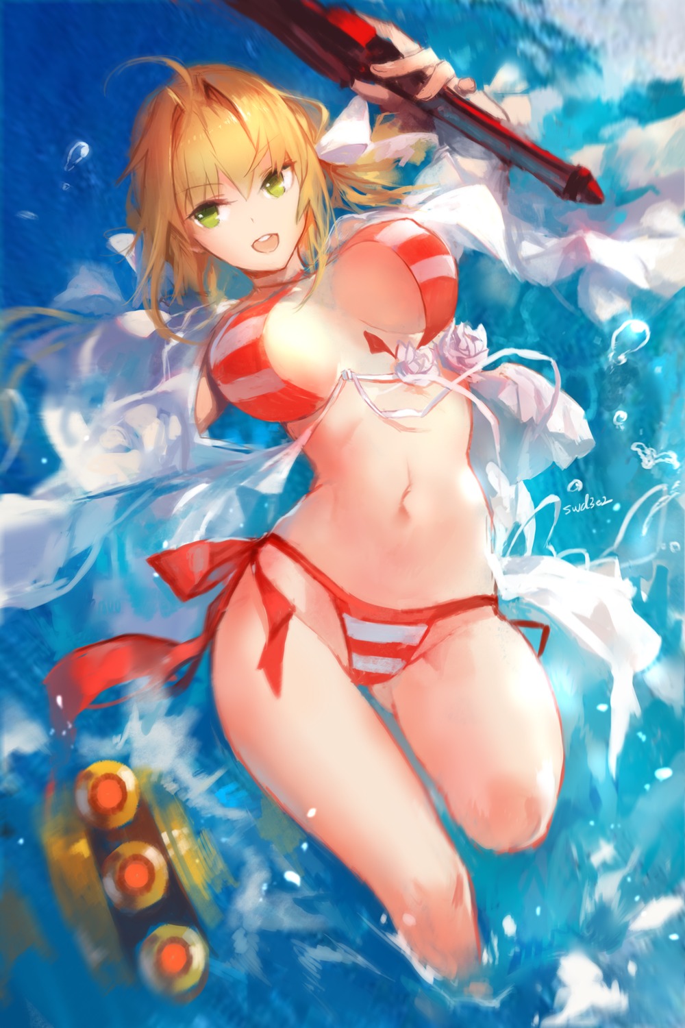 bikini fate/grand_order open_shirt saber_extra swd3e2 swimsuits sword wet