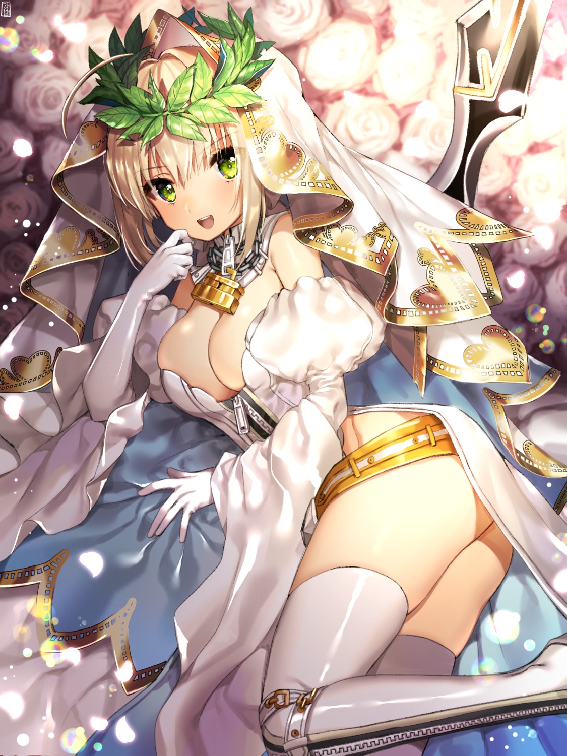 cleavage fate/extra fate/extra_ccc fate/stay_night gabe_(seelunto) no_bra open_shirt saber_bride saber_extra thighhighs