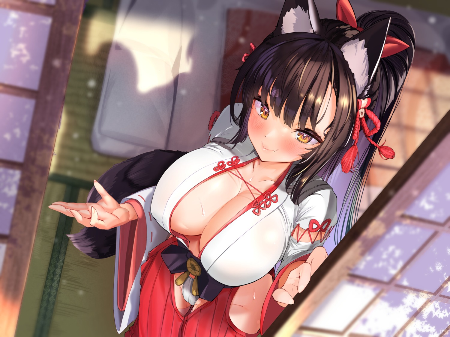 animal_ears cameltoe miko no_bra open_shirt pantsu photoshop seventh_sugune tail thong