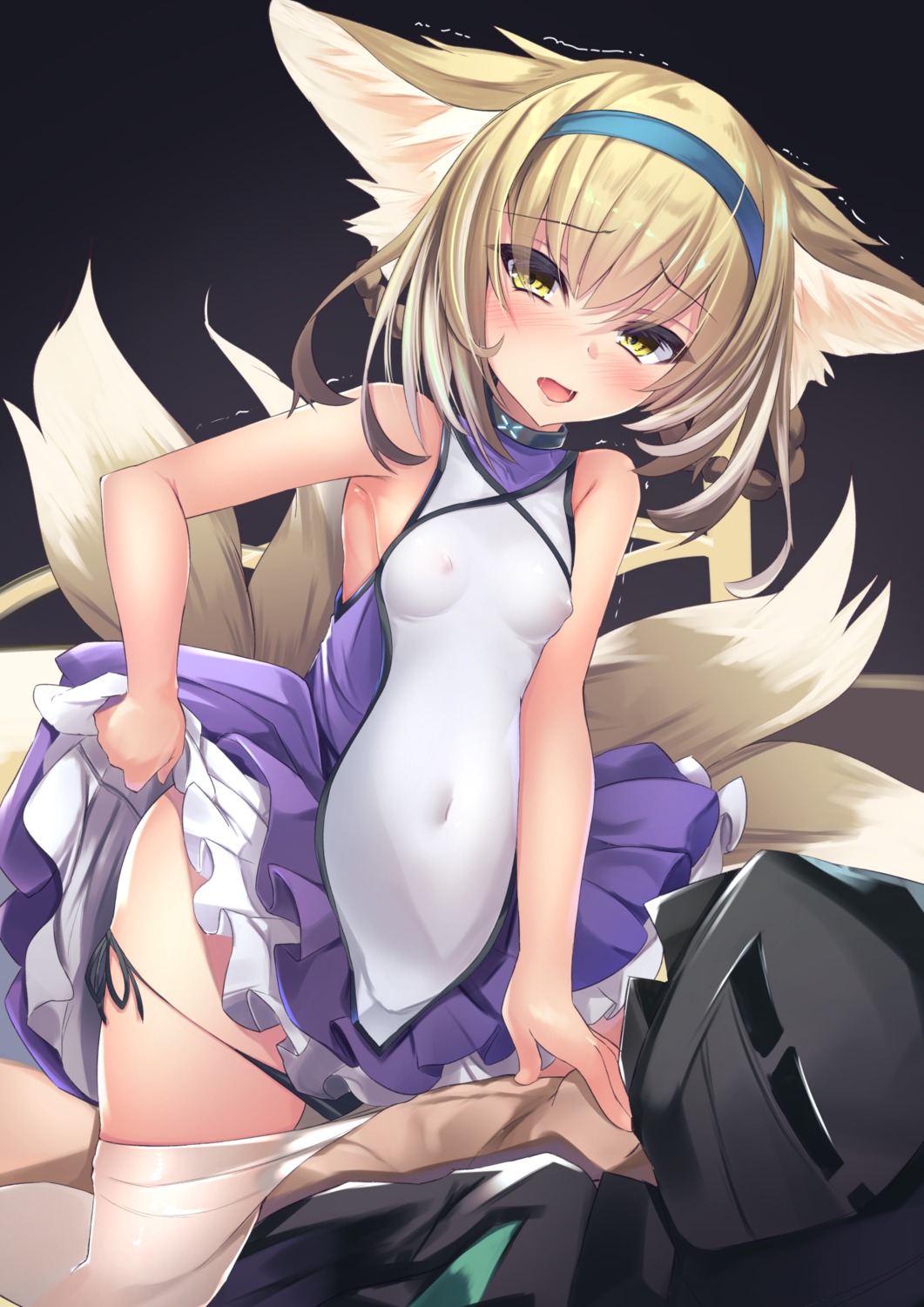 animal_ears areola arknights doctor_(arknights) erect_nipples kitsune no_bra pantsu panty_pull pantyhose see_through skirt_lift string_panties suzuran_(arknights) tail tamano_nae