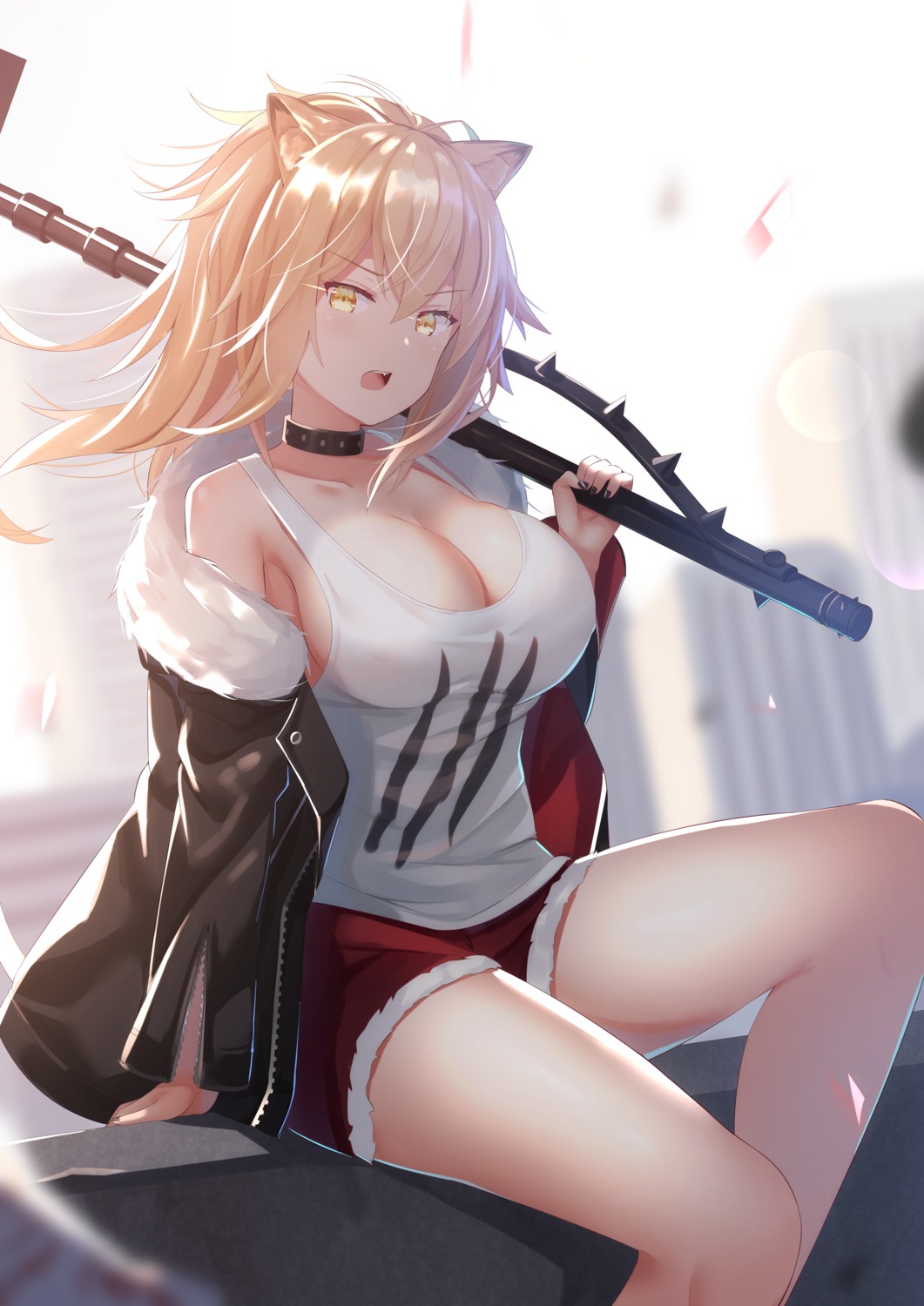 animal_ears arknights mirufuaa no_bra siege_(arknights) weapon