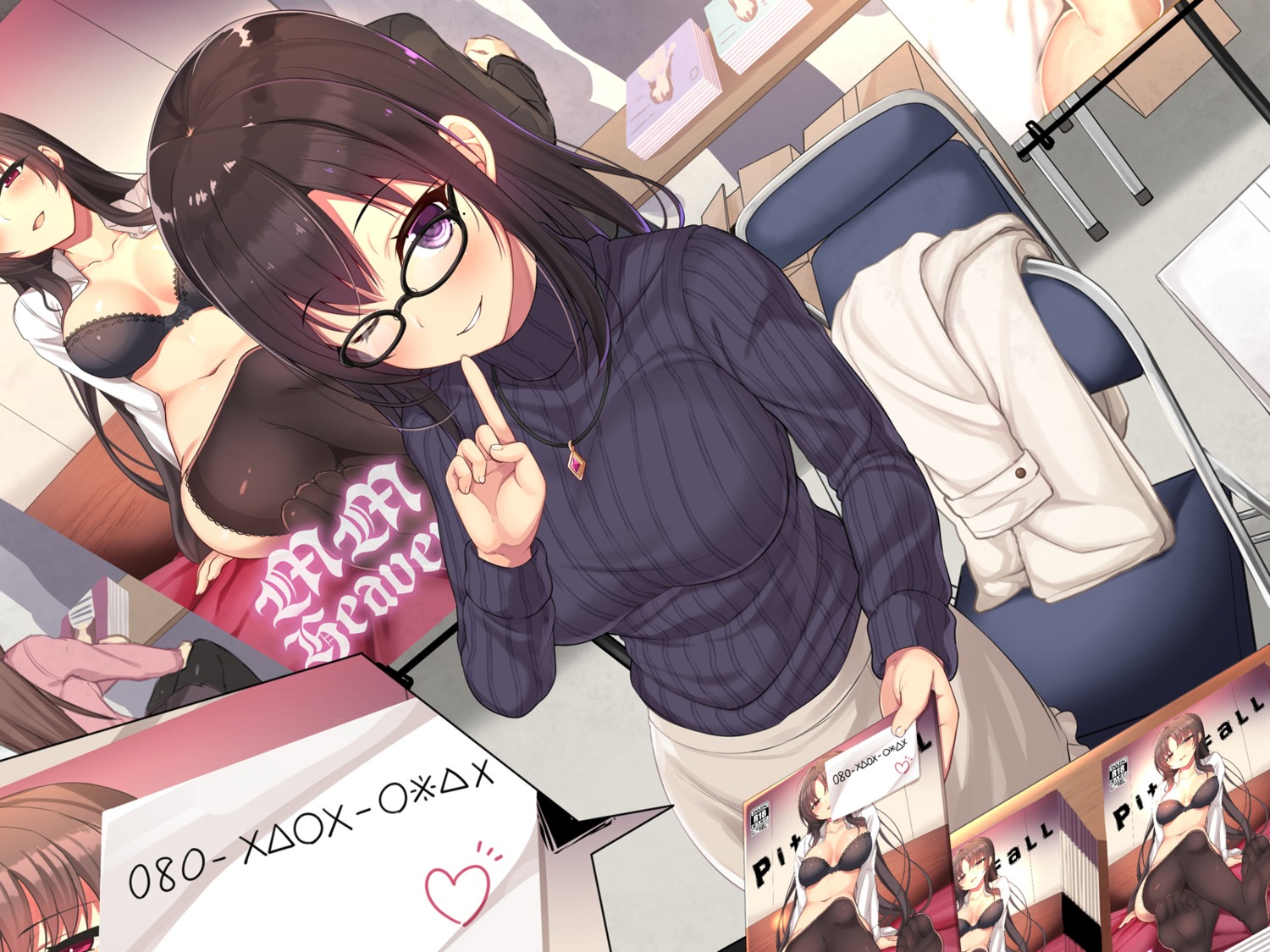 bra dress_shirt megane open_shirt pantyhose sweater thighhighs urozuki_akira wallpaper