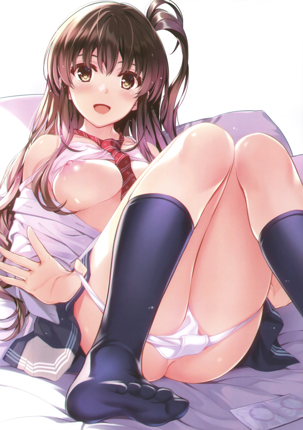 amami_anzu bra breasts comic_aun feet misaki_kurehito nipples open_shirt pantsu panty_pull seifuku undressing