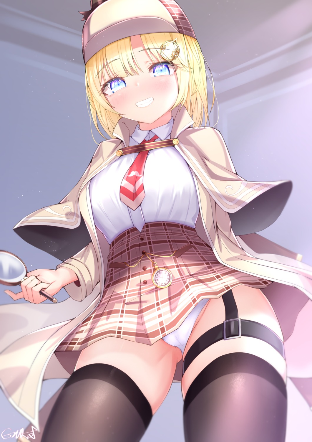 cameltoe garter gmkj hololive hololive_english pantsu seifuku skirt_lift thighhighs watson_amelia