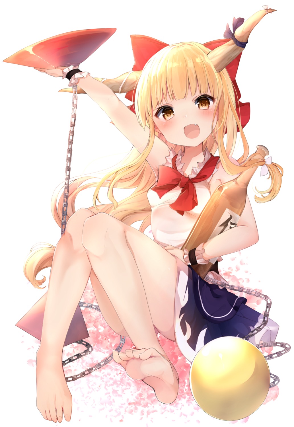 feet horns ibuki_suika karasusou_nano loli sake skirt_lift touhou