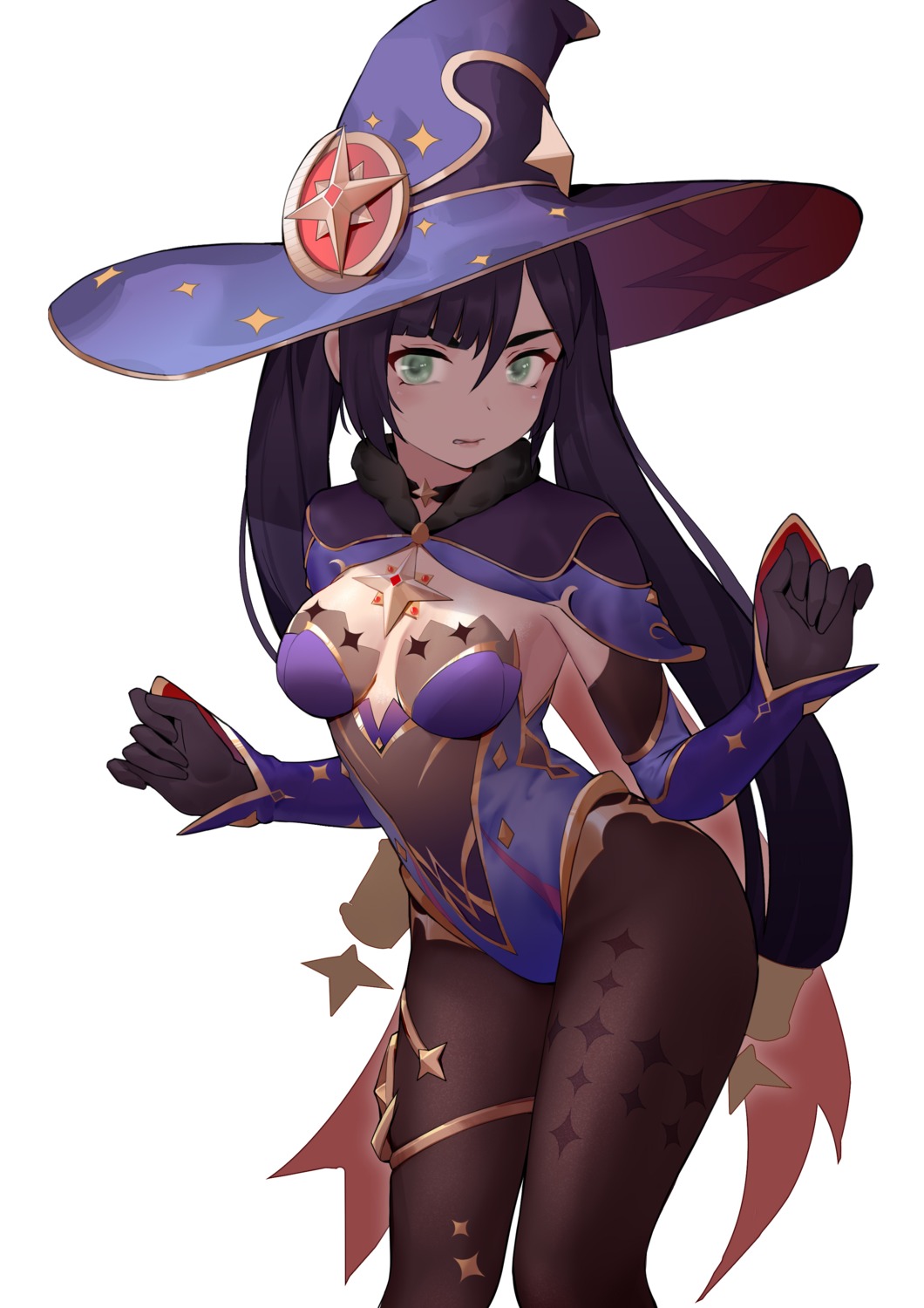 bodysuit flyyao garter genshin_impact leotard mona_megistus no_bra see_through witch