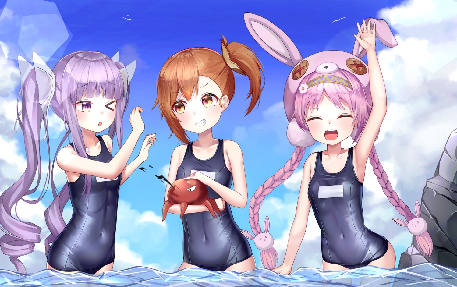 akane_mimi animal_ears bunny_ears hikawa_kyouka hodaka_misogi mannack princess_connect princess_connect!_re:dive school_swimsuit swimsuits wet